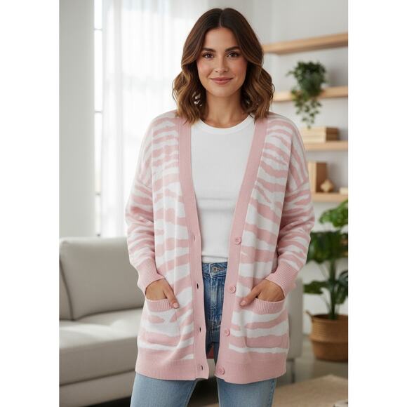 Isaac Mizrahi Live! QVC Medium Powder Pink White Zebra Stripes Cardigan Sweater - Picture 1 of 6